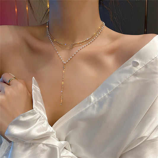 Sweet Tassel Imitation Pearl Alloy Rhinestone Women'S Layered Necklaces