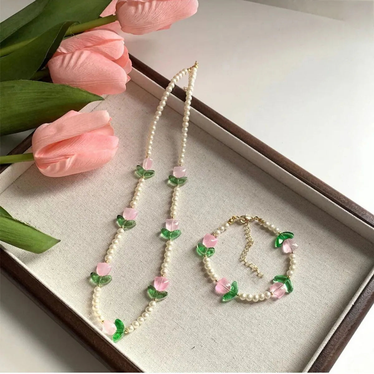 Sweet Tulip Alloy Beaded Women'S Bracelets Necklace