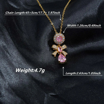 Sweet Water Droplets Bow Knot Stainless Steel Plating Inlay Artificial Gemstones Zircon 18k Gold Plated Pendant Necklace