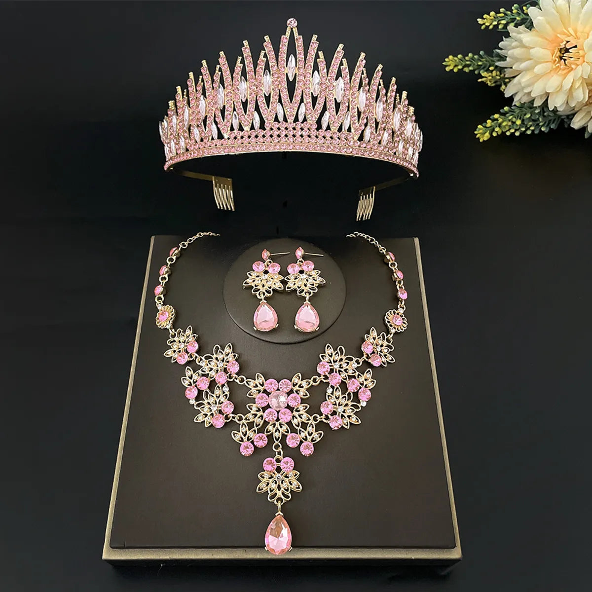 Sweet Water Droplets Heart Shape Alloy Plating Inlay Rhinestones Women's Crown Earrings Necklace