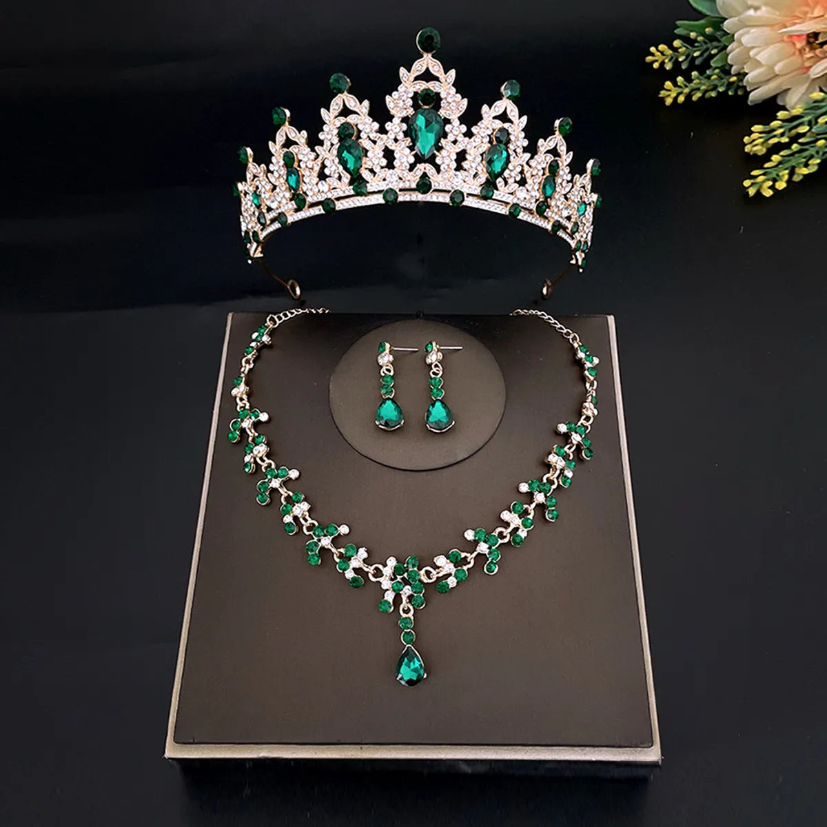 Sweet Water Droplets Heart Shape Alloy Plating Inlay Rhinestones Women'S Crown Earrings Necklace