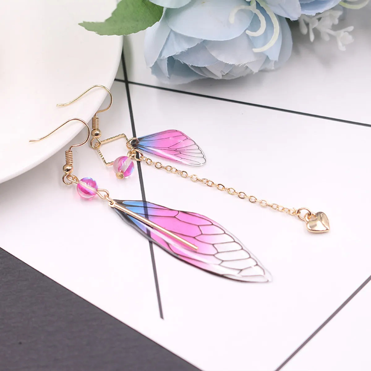 Sweet Wings Alloy Plastic Asymmetrical Rhinestones Women's Drop Earrings 1 Pair