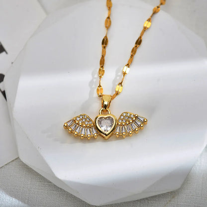 Wholesale Jewelry Sweet Wings Bow Knot Titanium Steel Copper Zircon Gold Plated Inlay Pendant Necklace