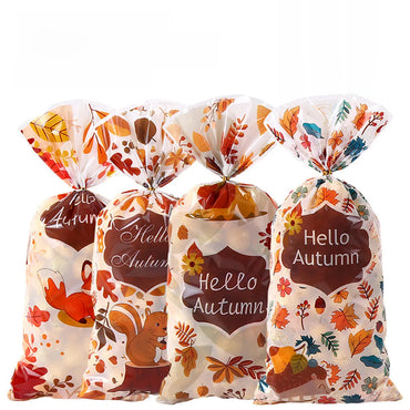 Thanksgiving Maple Leaf Squirrel Autumn Harvest Party Cellophane Biscuit Snack Gift Bag OPP Transparent Flat Pocket