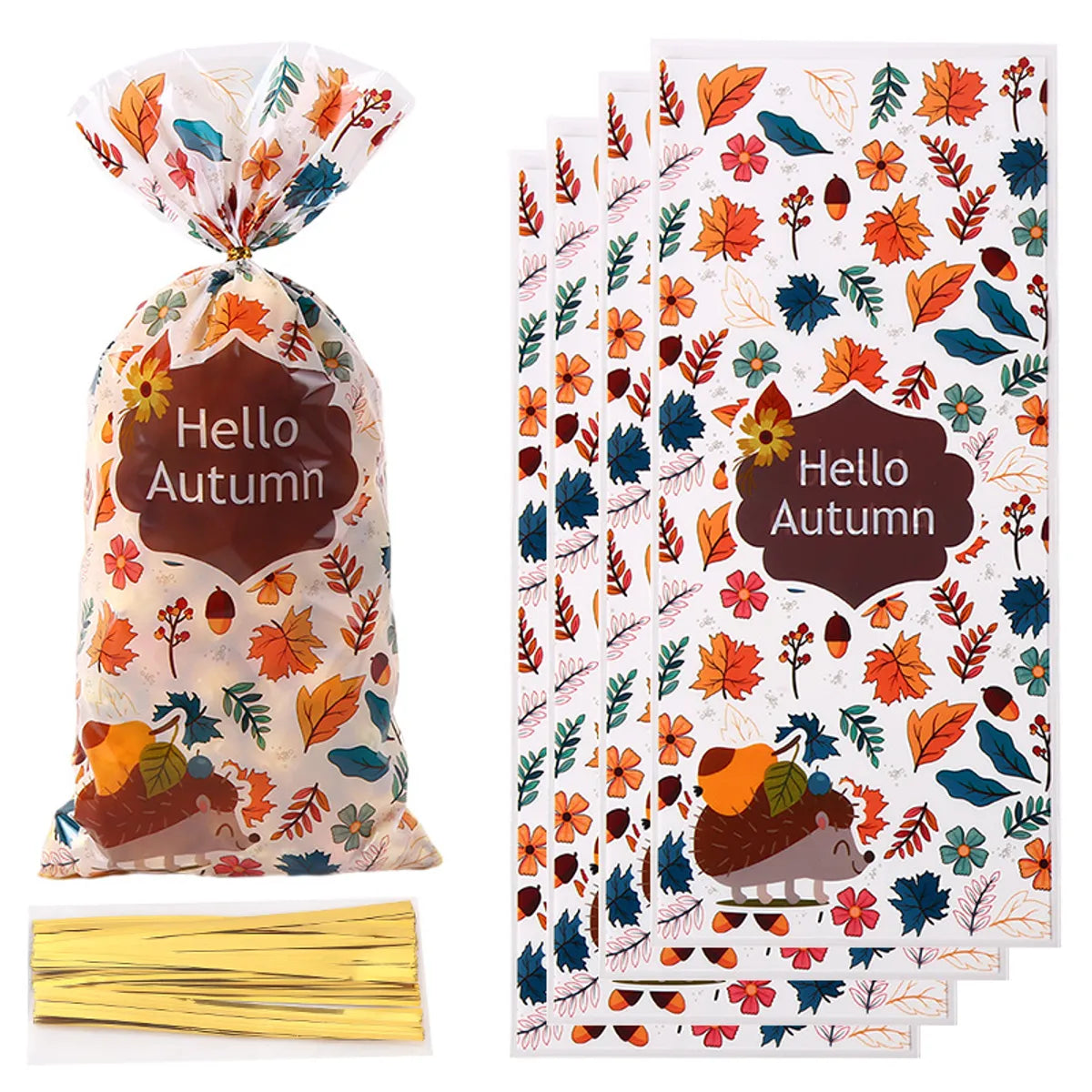 Thanksgiving Maple Leaf Squirrel Autumn Harvest Party Cellophane Biscuit Snack Gift Bag OPP Transparent Flat Pocket