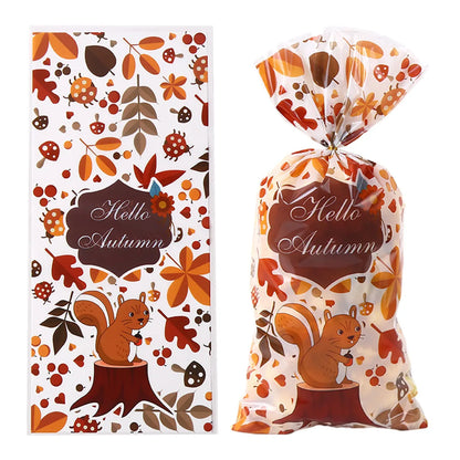 Thanksgiving Maple Leaf Squirrel Autumn Harvest Party Cellophane Biscuit Snack Gift Bag OPP Transparent Flat Pocket