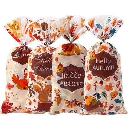 Thanksgiving Maple Leaf Squirrel Autumn Harvest Party Cellophane Biscuit Snack Gift Bag OPP Transparent Flat Pocket