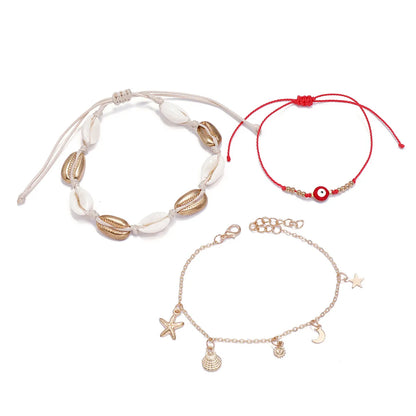 Three-layer Starfish Natural Shell Hand-woven Tassel Alloy Anklet 3-piece Set