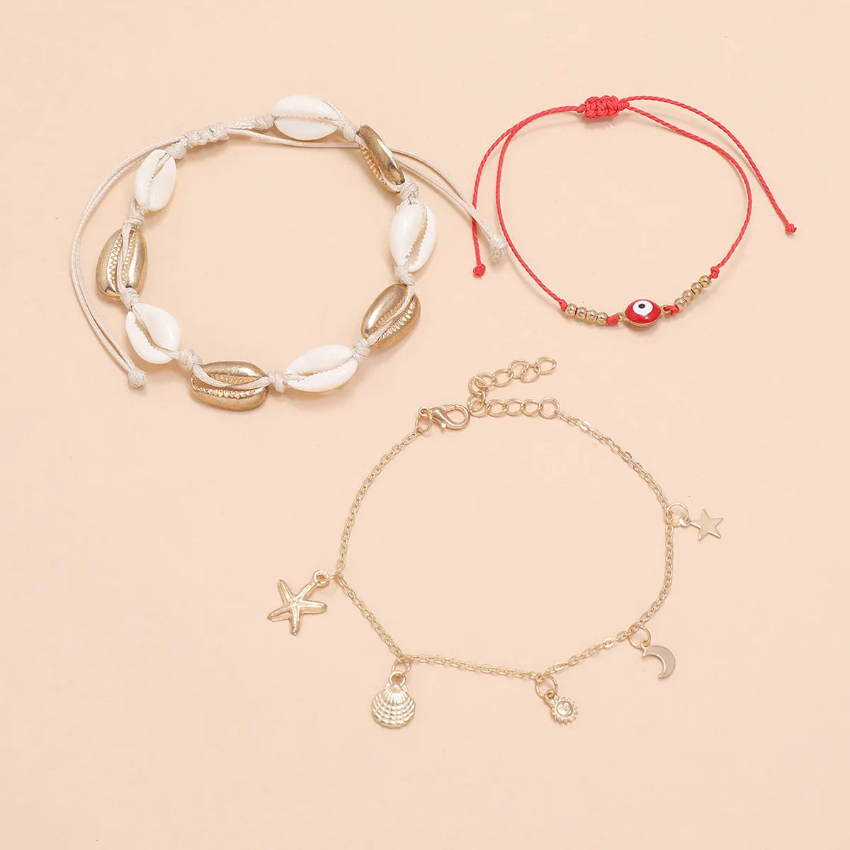 Three-layer Starfish Natural Shell Hand-woven Tassel Alloy Anklet 3-piece Set