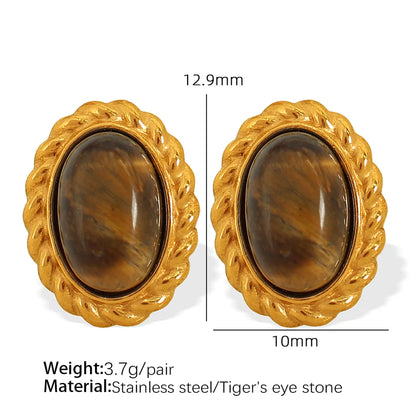 Wholesale Jewelry Elegant Retro Oval Glass Stone Tiger Eye Titanium Steel Glass Stone Tiger Eye 18K Gold Plated Plating Inlay Earrings Necklace