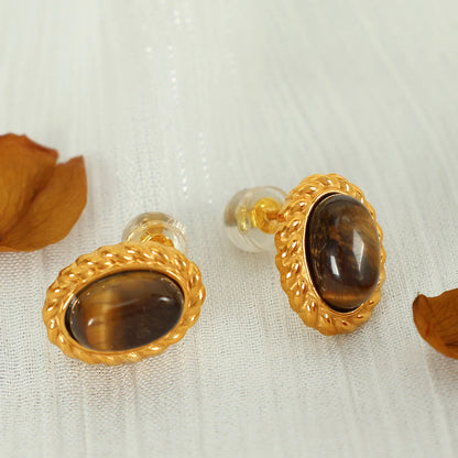 Wholesale Jewelry Elegant Retro Oval Glass Stone Tiger Eye Titanium Steel Glass Stone Tiger Eye 18K Gold Plated Plating Inlay Earrings Necklace