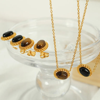 Wholesale Jewelry Elegant Retro Oval Glass Stone Tiger Eye Titanium Steel Glass Stone Tiger Eye 18K Gold Plated Plating Inlay Earrings Necklace