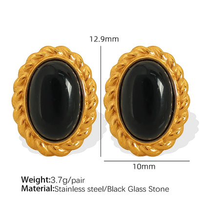 Wholesale Jewelry Elegant Retro Oval Glass Stone Tiger Eye Titanium Steel Glass Stone Tiger Eye 18K Gold Plated Plating Inlay Earrings Necklace