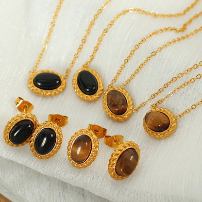 Wholesale Jewelry Elegant Retro Oval Glass Stone Tiger Eye Titanium Steel Glass Stone Tiger Eye 18K Gold Plated Plating Inlay Earrings Necklace