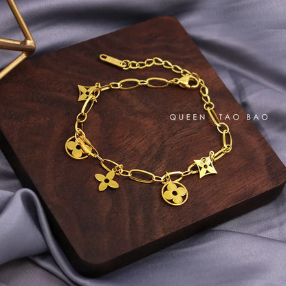 Titanium Steel 18K Gold Hollow Clover Tassel Bracelet Female Non-Fading Japanese And Korean Fashion Diamond Small Flower Bracelet