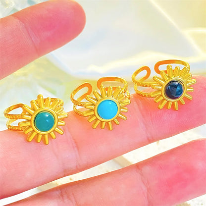 Titanium Steel 18K Gold Plated Casual Elegant Sun Heart Shape Turquoise Open Rings