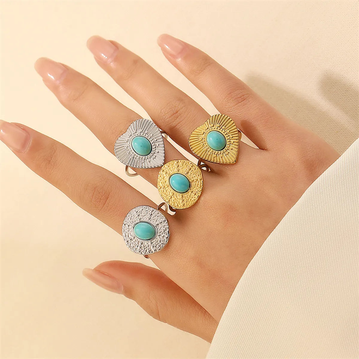 Titanium Steel 18K Gold Plated Casual Elegant Sun Heart Shape Turquoise Open Rings