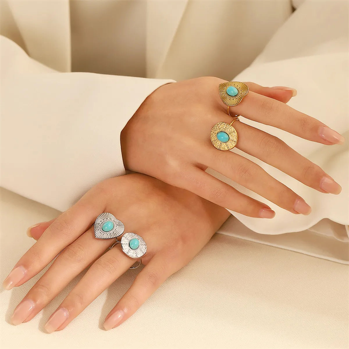 Titanium Steel 18K Gold Plated Casual Elegant Sun Heart Shape Turquoise Open Rings