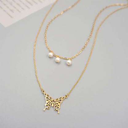 Titanium Steel 18K Gold Plated Casual Modern Style Simple Style Butterfly Double Layer Necklaces