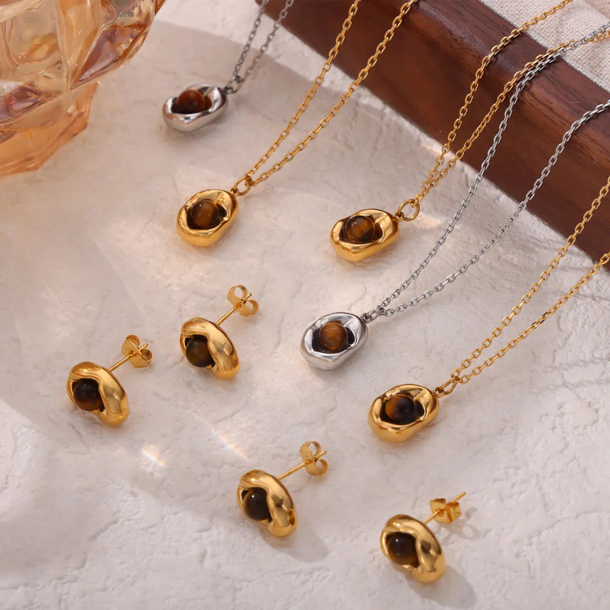 Wholesale Jewelry Casual Retro British Style Oval Titanium Steel Tiger Eye 18K Gold Plated Inlay Earrings Necklace