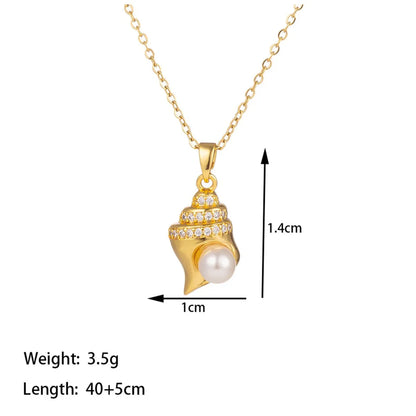 Titanium Steel 18K Gold Plated Casual Simple Style Conch Shell Polishing Plating Inlay Artificial Rhinestones Pendant Necklace