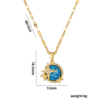 Titanium Steel 18K Gold Plated Casual Simple Style Inlay Star Moon Planet Moonstone Zircon Pendant Necklace