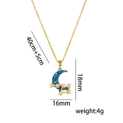 Titanium Steel 18K Gold Plated Casual Simple Style Inlay Star Moon Planet Moonstone Zircon Pendant Necklace