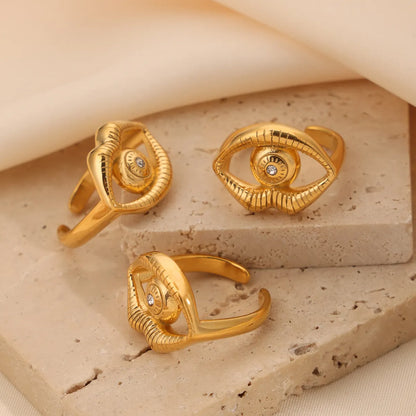 Titanium Steel 18K Gold Plated Casual Simple Style Lips Eye Hollow Out Inlay Rhinestones Open Rings