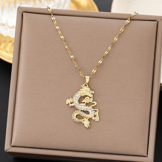 Titanium Steel 18K Gold Plated Chinoiserie Simple Style Commute Dragon Polishing Inlay Artificial Rhinestones Pendant Necklace