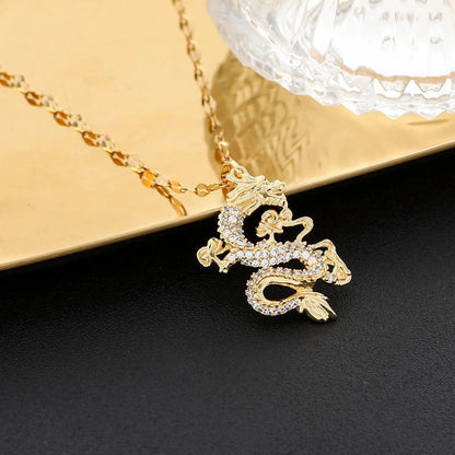 Titanium Steel 18K Gold Plated Chinoiserie Simple Style Commute Dragon Polishing Inlay Artificial Rhinestones Pendant Necklace