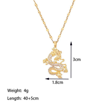 Titanium Steel 18K Gold Plated Chinoiserie Simple Style Commute Dragon Polishing Inlay Artificial Rhinestones Pendant Necklace