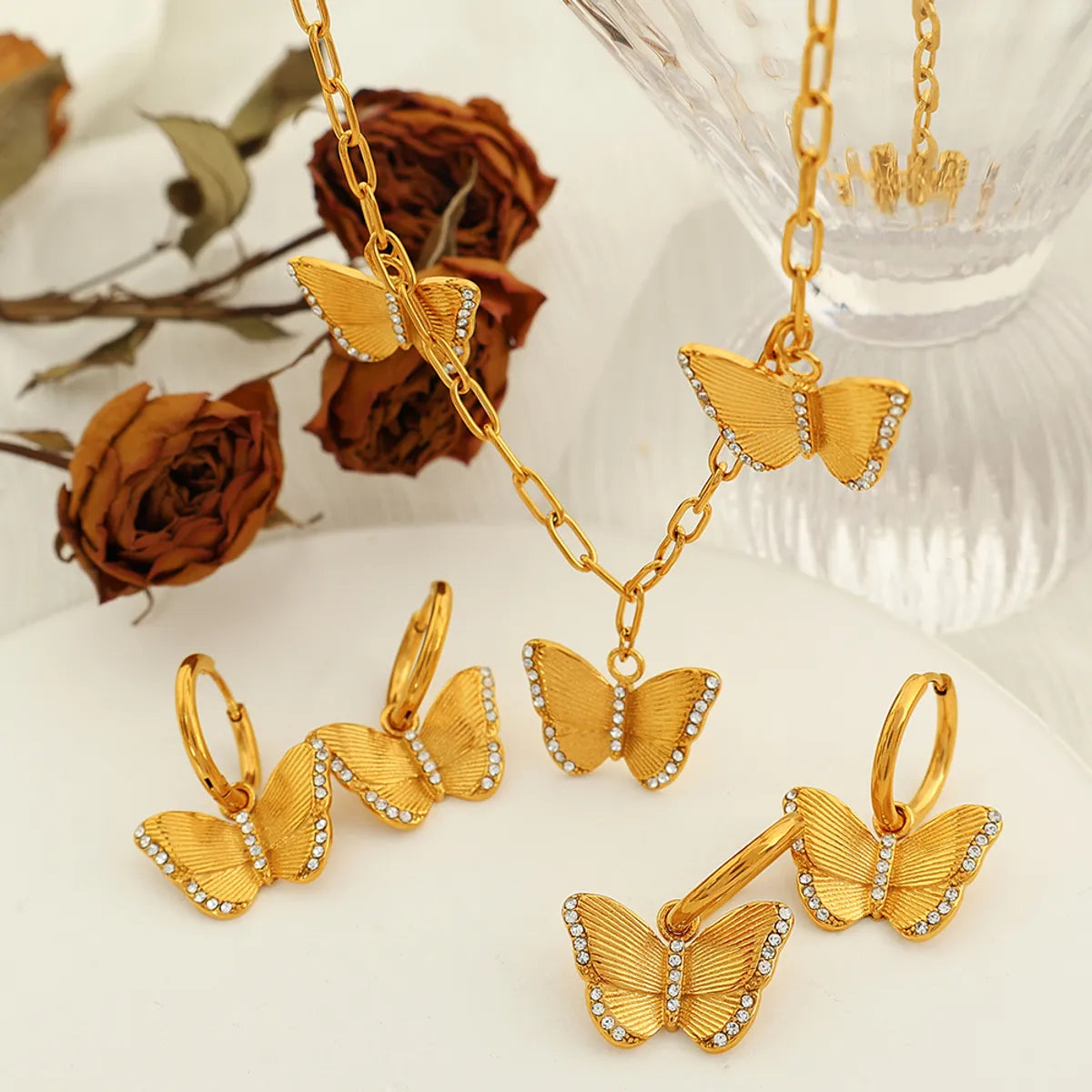 Titanium Steel 18K Gold Plated Elegant Classic Style Plating Inlay Butterfly Rhinestones Earrings Necklace