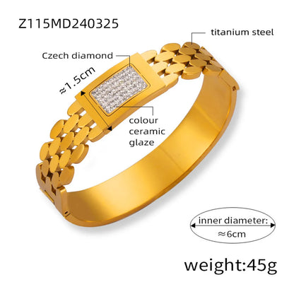 Elegant French Style Simple Style Flower Titanium Steel 18K Gold Plated Rhinestones Bangle In Bulk