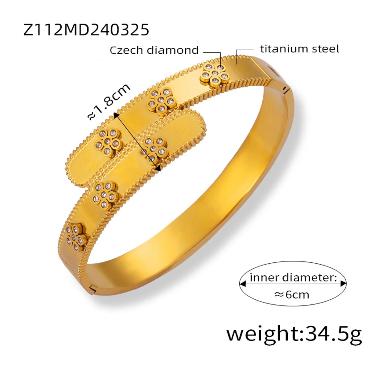 Elegant French Style Simple Style Flower Titanium Steel 18K Gold Plated Rhinestones Bangle In Bulk