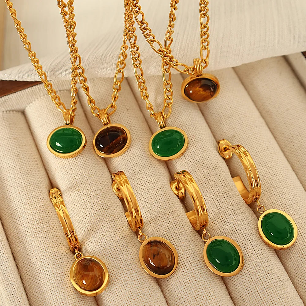 Titanium Steel 18K Gold Plated Elegant Retro Plating Inlay Round Glass Stone Earrings Necklace Jewelry Set