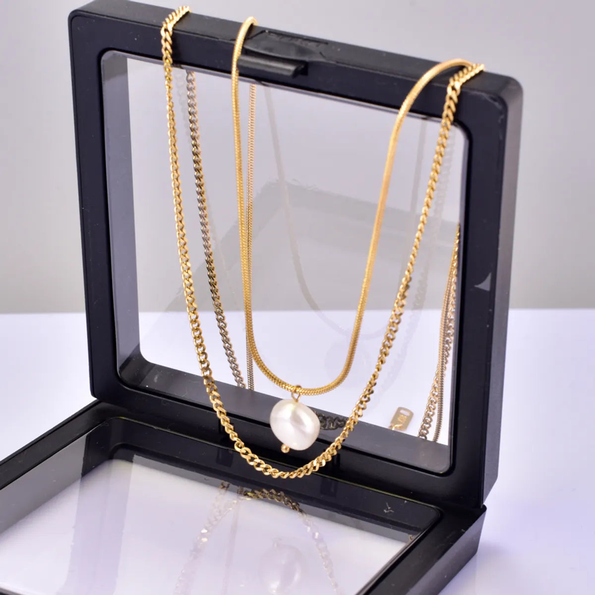 Titanium Steel 18K Gold Plated Elegant Simple Style Geometric Inlay Freshwater Pearl Double Layer Necklaces