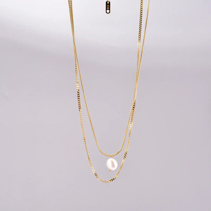 Titanium Steel 18K Gold Plated Elegant Simple Style Geometric Inlay Freshwater Pearl Double Layer Necklaces