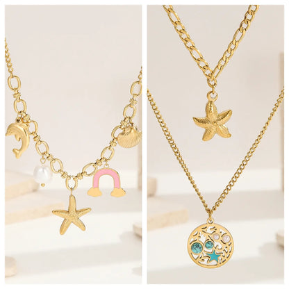 Titanium Steel 18K Gold Plated Hollow Out Inlay Starfish Shell Artificial Gemstones Turquoise Pendant Necklace