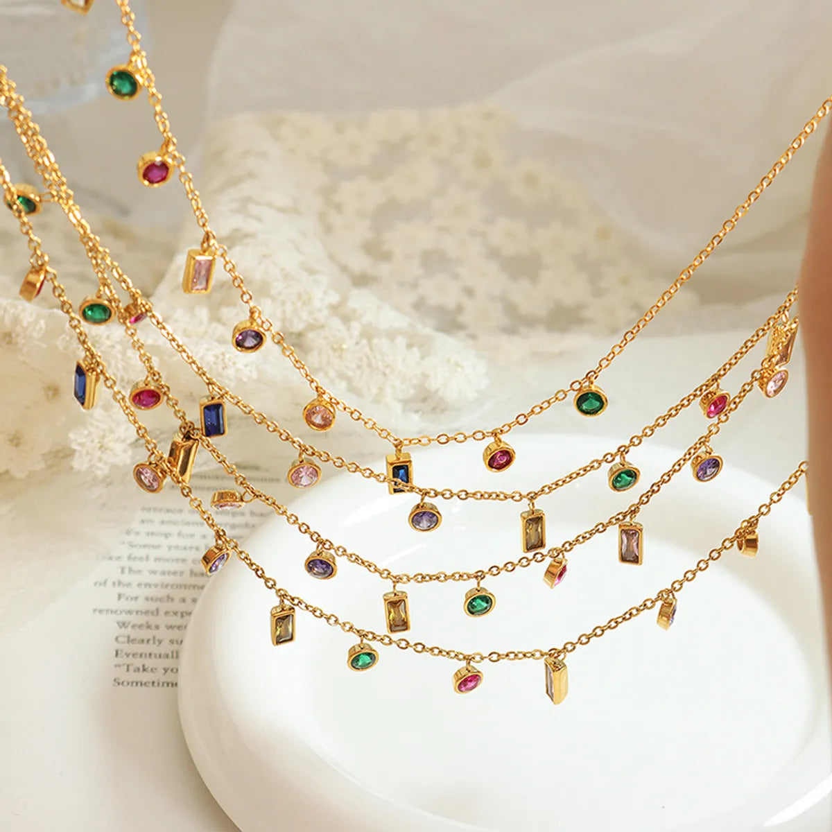 Wholesale Jewelry IG Style Shiny Geometric Titanium Steel Glass Zircon 18K Gold Plated Inlay Jewelry Set