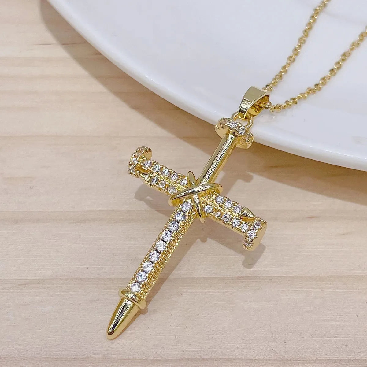 Titanium Steel 18K Gold Plated IG Style Simple Style Cross Inlay Zircon Pendant Necklace