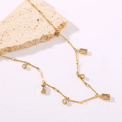 304 Stainless Steel 18K Gold Plated Romantic Simple Style Shiny Inlay Round Rectangle Zircon Necklace