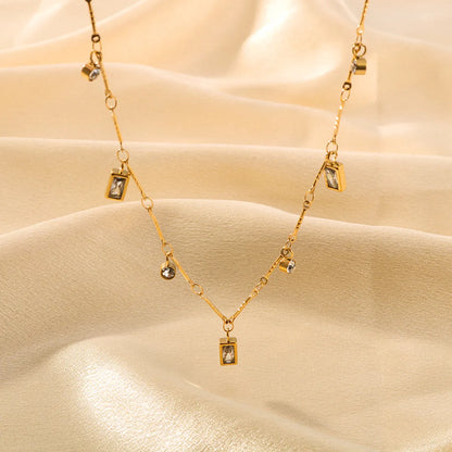 304 Stainless Steel 18K Gold Plated Romantic Simple Style Shiny Inlay Round Rectangle Zircon Necklace