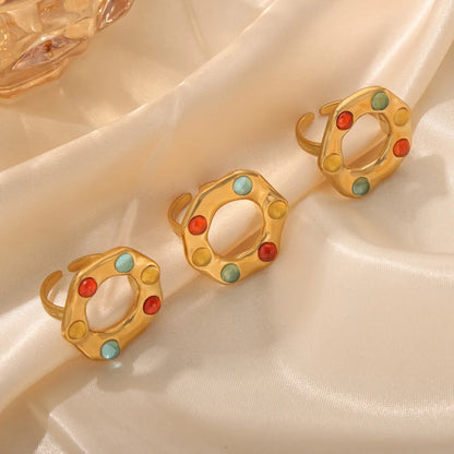 Wholesale Jewelry Simple Style Hexagon Titanium Steel Glass Bead 18K Gold Plated Inlay Open Rings