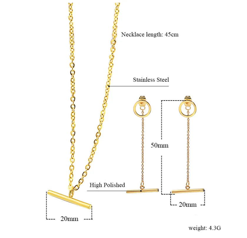 Wholesale Jewelry Simple Style One Word Titanium Steel 18K Gold Plated Plating Earrings Necklace