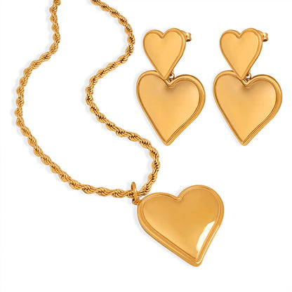 Titanium Steel 18K Gold Plated Sweet Simple Style Heart Shape Earrings Necklace