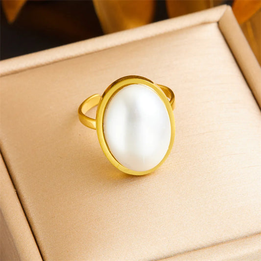 Wholesale Jewelry Vintage Style Solid Color 304 Stainless Steel Pearl 18K Gold Plated Plating Inlay Rings