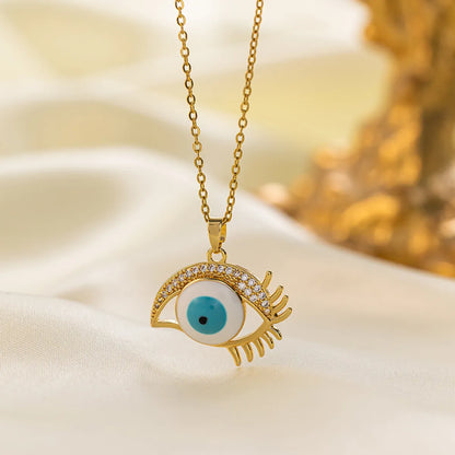 Titanium Steel 18K Gold Plated Vintage Style Simple Style Eye Inlaid Zircon Artificial Rhinestones Pendant Necklace