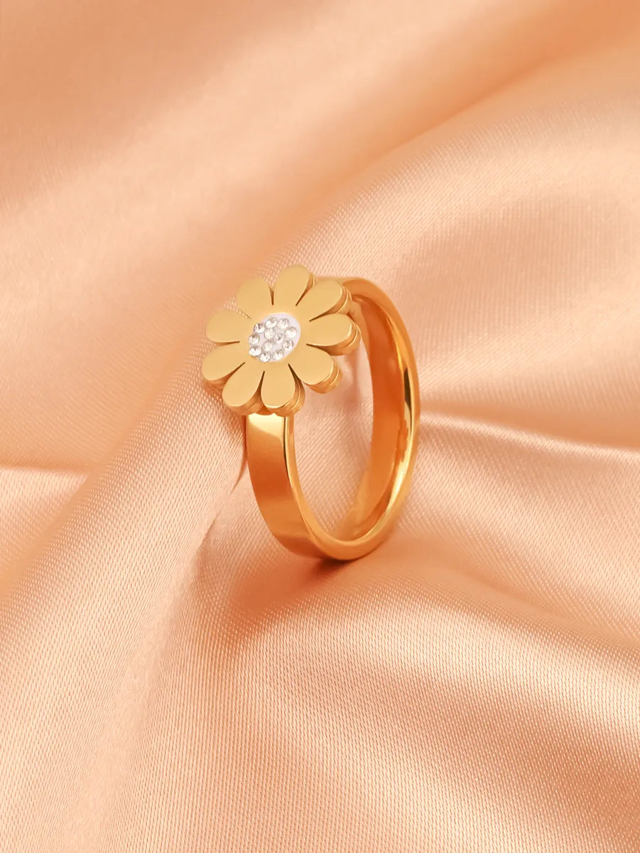 Titanium Steel 18K Gold Plated Vintage Style Simple Style Inlay Flower Rhinestones Rings