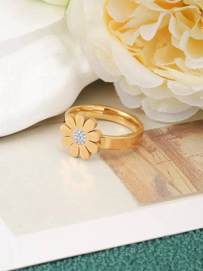 Titanium Steel 18K Gold Plated Vintage Style Simple Style Inlay Flower Rhinestones Rings