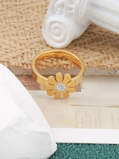 Titanium Steel 18K Gold Plated Vintage Style Simple Style Inlay Flower Rhinestones Rings